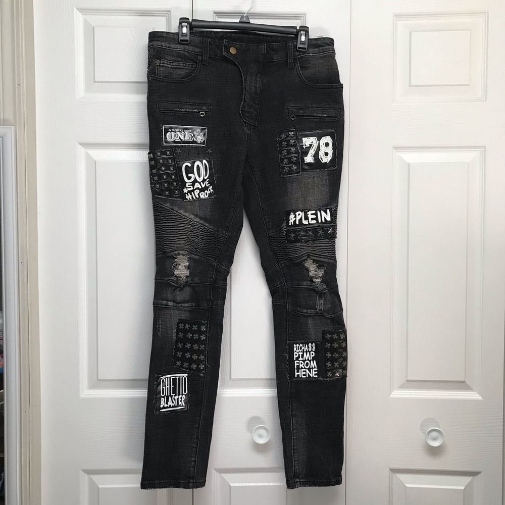 Mens patched up rock n roll studded distressed bootcut jeans